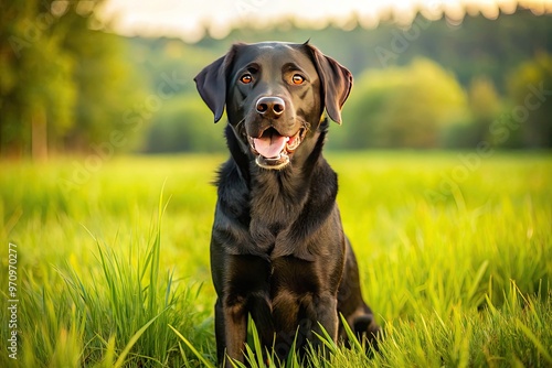 A friendly black Labrador retriever sitting on a sunny green meadow, ears flapping, tail wagging, with a joyful and curious expression on its face.