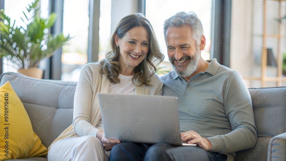 Happy middle aged couple using laptop computer relaxing on couch at home. Smiling mature man and woman talking having fun laughing with device sitting on sofa in sunny living room. Candid shot Happy middle aged couple using laptop computer relaxing on couch at home. Smiling mature man and woman talking having fun laughing with device sitting on sofa in sunny living room. Candid shot