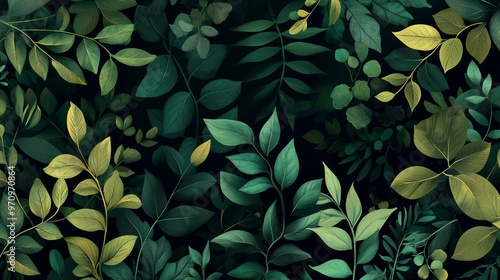 Green leaves in watercolor style on black background. Natural decoration leaf wallpaper pattern texture design.