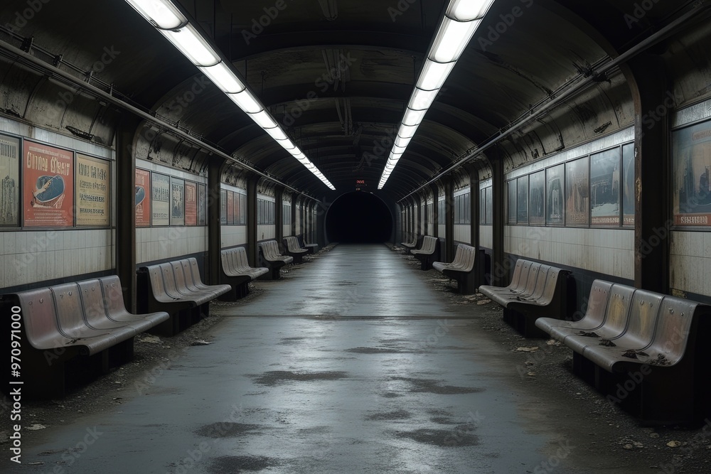 Fototapeta premium A dimly lit, deserted subway metro interior with worn, faded advertisements lining the walls, dim fluorescent lights casting eerie shadows on the worn, grey concrete floor.