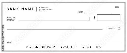 Empty money cheque. Bank check. check book template with pattern and blank fields. Currency payment coupon, US dollar check background.