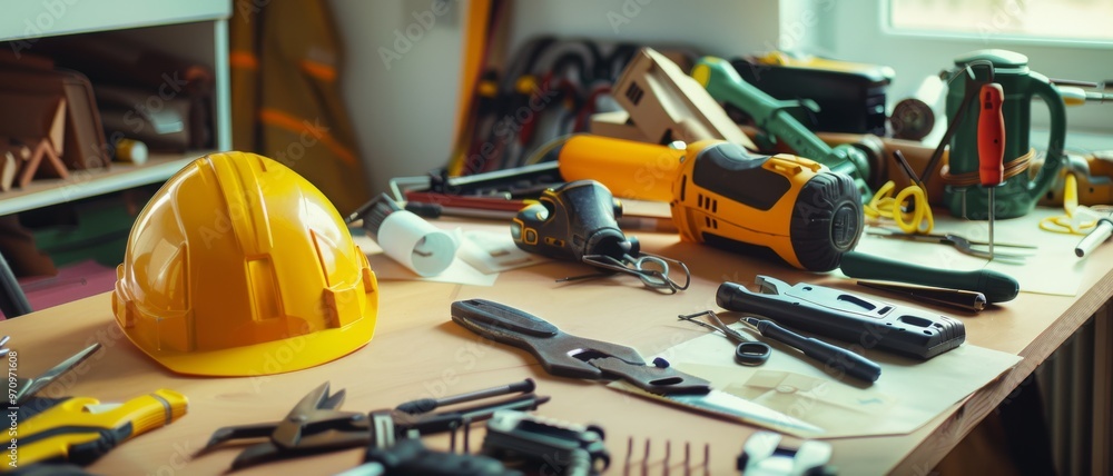 A cluttered workbench with tools and a yellow hardhat exudes a sense of urgency and productivity in a busy workshop setting. A cluttered workbench with tools and a yellow hardhat exudes a sense of urgency and productivity in a busy workshop setting.