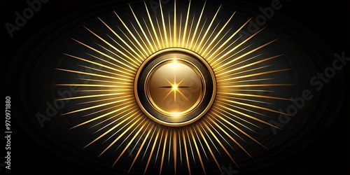 A golden circular emblem with a radiant beam of light bursting from its center, symbolizing creativity, attention, and focus on a dark background. photo