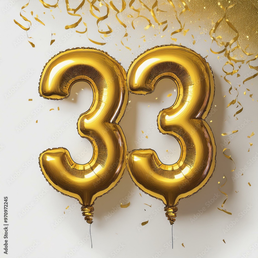 Gold birthday / anniversary balloon, number 33, white background Gold birthday / anniversary balloon, number 33, white background