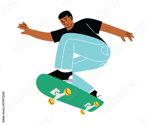 Cheerful diverse male is riding and jumping on a skateboard. Hand drawn vector flat designed character, isolated on white background