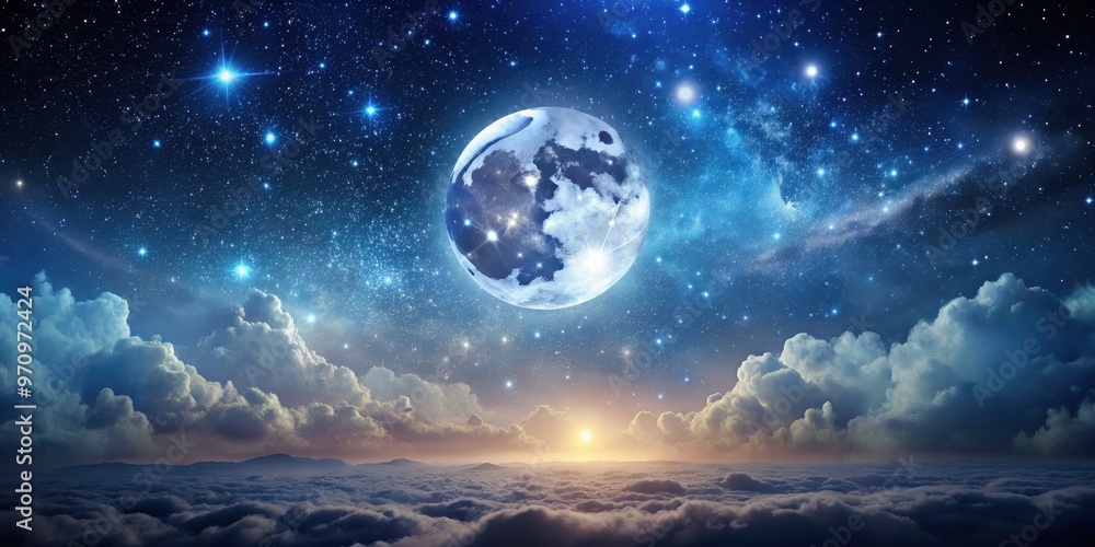 Obraz premium Mystical night sky with starry background and full moon shining bright, night, sky, stars, moon, dark, mystical