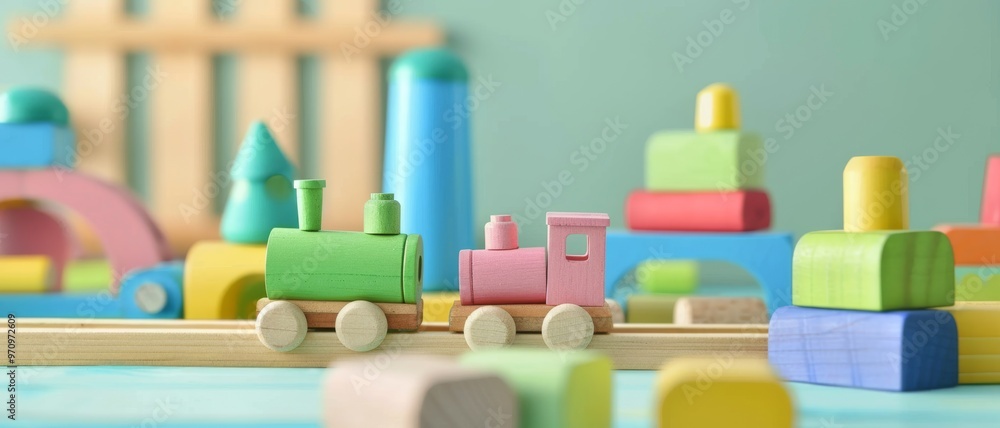 A charming and colorful wooden toy train set up with building blocks in a playful and imaginative scene. A charming and colorful wooden toy train set up with building blocks in a playful and imaginative scene.