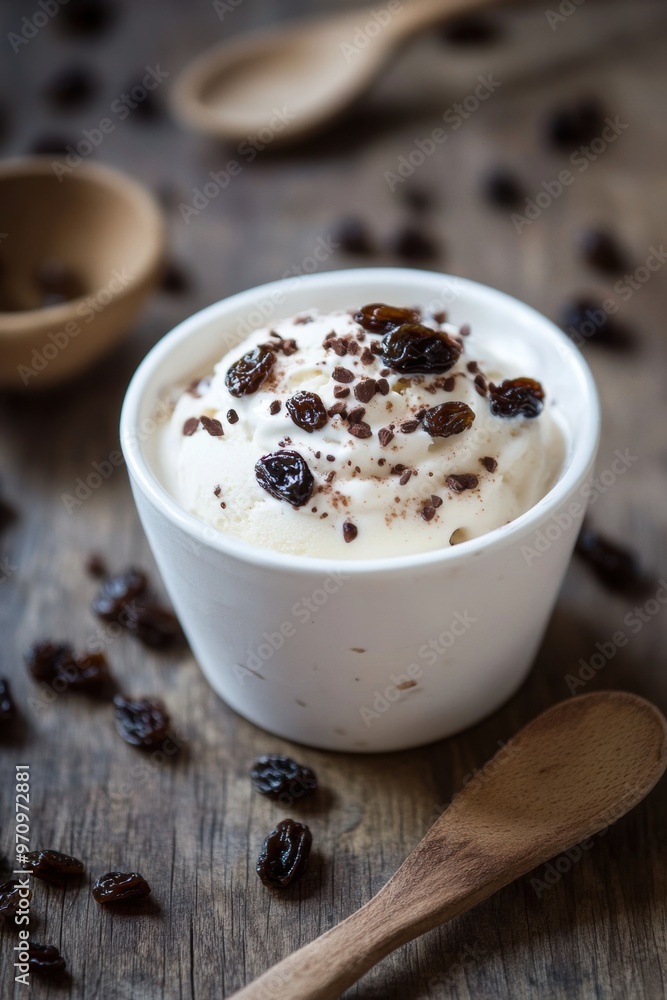 Ice cream decorated with raisin grains Ice cream decorated with raisin grains