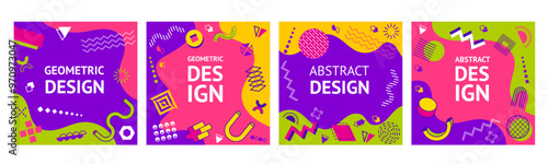 Memphis abstract geometric banners. Modern square templates. Vector playful covers or media posts feature vibrant colors, simple shapes and bold patterns in retro-modern style of 1980s design movement