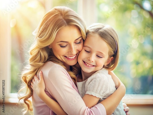 A heartwarming moment captures a young girl embracing her loving mother, both beaming with joyful smiles, surrounded by soft natural light and warm pastel hues. photo