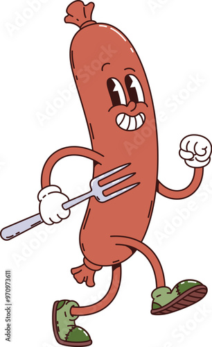 Sausage retro groovy breakfast character. Isolated cartoon vector joyful food personage running with fork in hand and funny face expression. Vintage sausage personage wearing shoes, exudes funky vibe