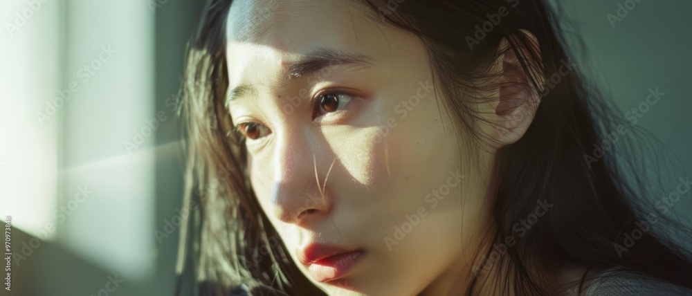 A contemplative woman glances towards the side, her face illuminated with soft sunlight, highlighting the serenity and depth in her expression. A contemplative woman glances towards the side, her face illuminated with soft sunlight, highlighting the serenity and depth in her expression.