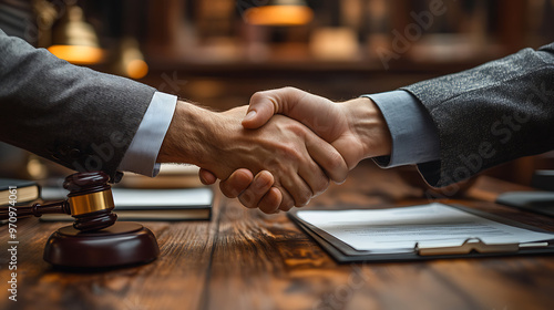 Wallpaper Mural Two lawyers shaking hands after resolving a legal negotiation with documents on the table Torontodigital.ca
