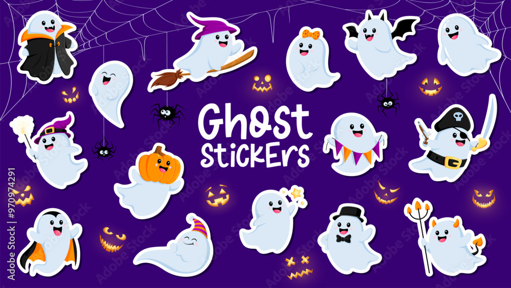 Cartoon funny Halloween ghost characters stickers pack. Vector patches with adorable spooks dressed in festive costumes of witch, vampire, pumpkin head, gentleman and pirate celebrate horror night Cartoon funny Halloween ghost characters stickers pack. Vector patches with adorable spooks dressed in festive costumes of witch, vampire, pumpkin head, gentleman and pirate celebrate horror night