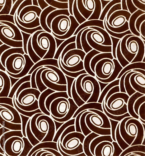 Abstract pattern of overlapping spiral and oval shapes in two colors, suitable for backgrounds, textures and design elements.