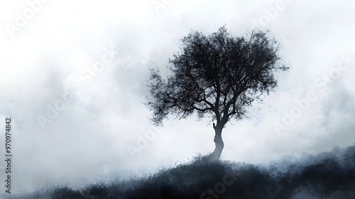 A lone tree silhouette stands tall in a misty landscape.