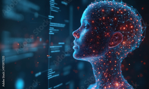 Futuristic Machine Learning and AI Concept with Low Poly Wireframe Light Connection Structure