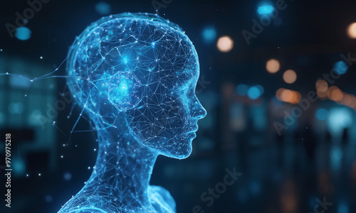 Futuristic Machine Learning and AI Concept with Low Poly Wireframe Light Connection Structure