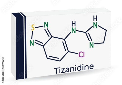 Tizanidine drug molecule. For treatment of muscle spasticitySkeletal chemical formula. Paper packaging for drugs. Vector illustratio photo