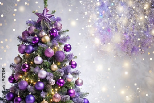 A lavishly decorated purple Christmas tree stands tall, adorned with sparkling ornaments, garlands, and twinkling lights, against a softly focused snowy white background.