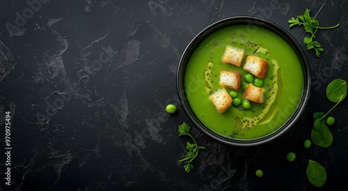 Sopa de ervilha verde com croutons em uma tigela em fundo rústico de ardósia preta. Fundo epicurista com espaço para texto. photo