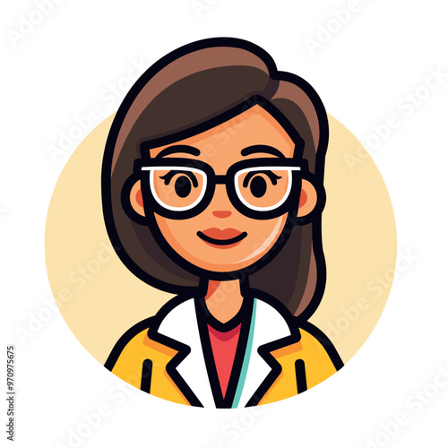 Smiling female avatar with glasses and lab coat cartoon character illustration