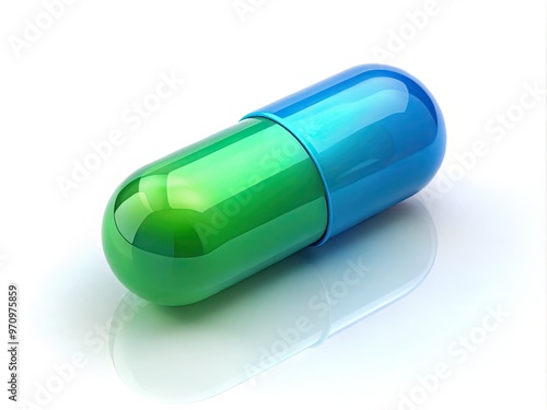 A lone, transparent blue and green capsule lies isolated on a crisp white background, its vibrant colors and sleek design evoking a sense of modern medication. photo