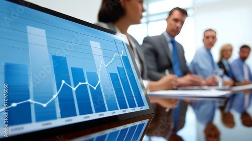 Analyzing Exponential Growth in Professional Business Meeting, Team Studying Financial Chart with Compound Interest Curve photo