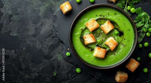 Sopa de ervilha verde com croutons em uma tigela em fundo rústico de ardósia preta. Fundo epicurista com espaço para texto. photo