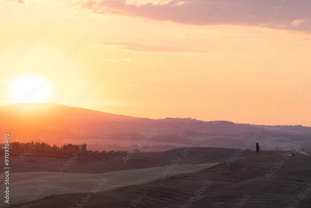 Orange and pink sunset over distant hills, with silhouettes of trees and a fading sky. The city of Siena as silhouette background. Sunset in Tuscany, romantic Orange and pink sunset over distant hills, with silhouettes of trees and a fading sky. The city of Siena as silhouette background. Sunset in Tuscany, romantic