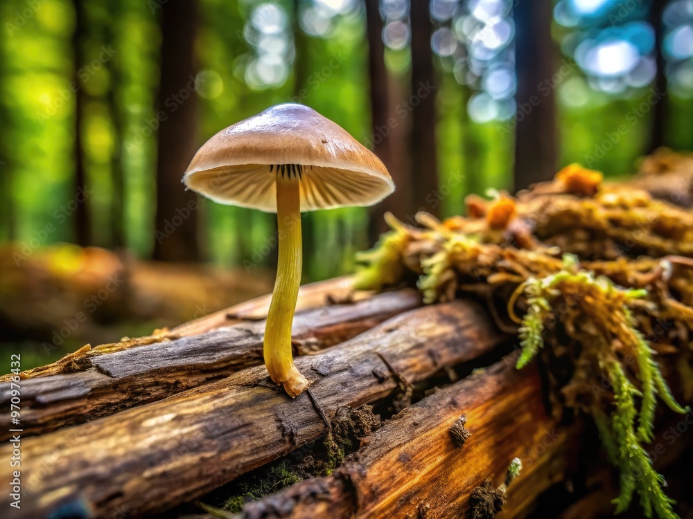 A macro view of a mushroom growing on decaying wood, breaking down organic matter into nutrient-rich soil, showcasing its vital role in ecosystem decomposition. A macro view of a mushroom growing on decaying wood, breaking down organic matter into nutrient-rich soil, showcasing its vital role in ecosystem decomposition.