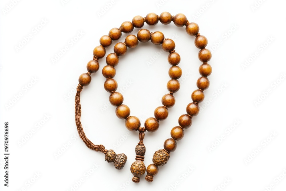 Ornate Prayer Beads: Devotional Accessory on White Ornate Prayer Beads: Devotional Accessory on White