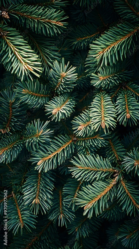 A dense cluster of green pine branches forms an intricate pattern that adds depth and texture to the background A dense cluster of green pine branches forms an intricate pattern that adds depth and texture to the background