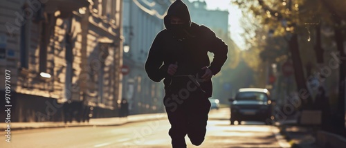 A person in a hooded jacket running down a city street early in the morning, creating an air of mystery and urgency.