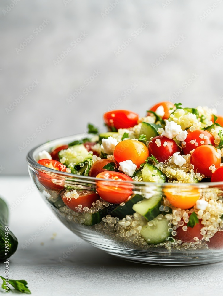 A fresh quinoa salad with tomatoes, cucumbers, and herbs in a glass bowl. A fresh quinoa salad with tomatoes, cucumbers, and herbs in a glass bowl.