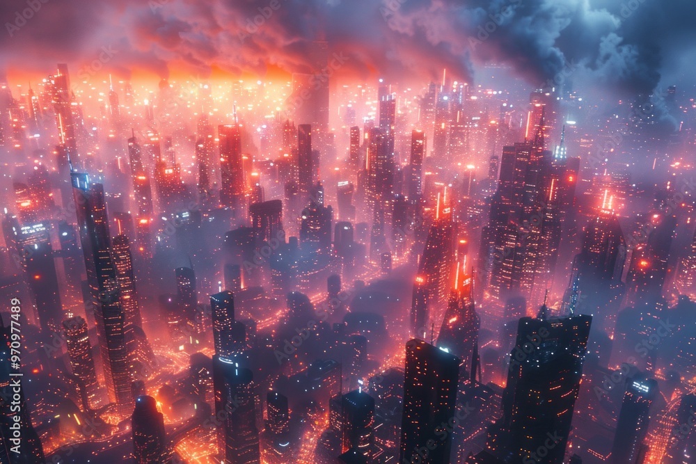 Naklejka premium cityscape with holographic foreclosure signs, bankruptcy, glowing city with foreclosure signs, high-tech urban environment, serious and somber tone, AI Generative