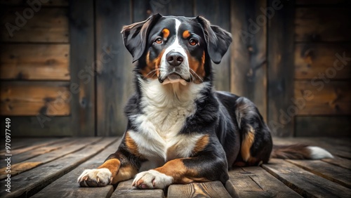 A majestic black tricolor dog with distinctive white and tan markings on its face, ears, and paws poses proudly on a rustic wooden floor. photo