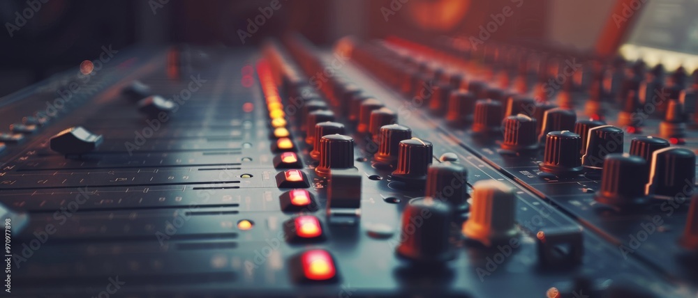 Close-up of an audio mixing console with glowing LED lights and detailed controls, representing the intricate world of sound engineering and music production. Close-up of an audio mixing console with glowing LED lights and detailed controls, representing the intricate world of sound engineering and music production.