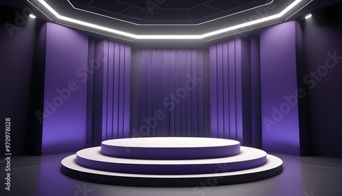 empty indigo color podium studio lights background realistic 3d render  photo