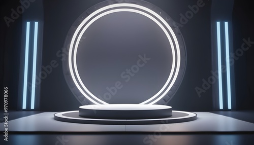 empty white podium studio lights background realistic 3d render 