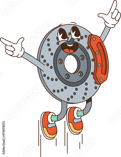 Retro groovy car break disk character jumping with raised arms, trendy sneakers and happy face expression. Isolated cartoon vector jovial vehicle part personage expressing a lively and fun vibes