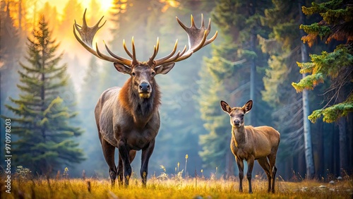 A majestic female elk stands confidently alongside a massive moose in a serene forest clearing, showcasing their distinctive antlers and majestic winter coats.