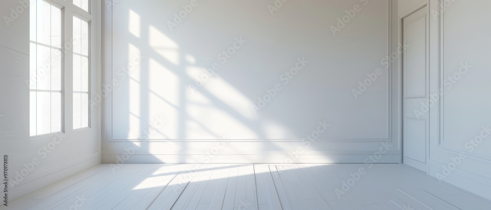 Fototapeta premium Sunlight streams through a large window into an empty white room, creating a serene and peaceful atmosphere with soft shadows.