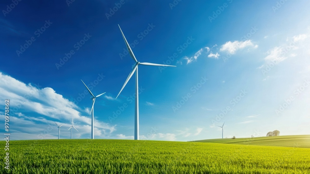 Green energy Wind turbines against a bright blue sky and green fields Green energy Wind turbines against a bright blue sky and green fields