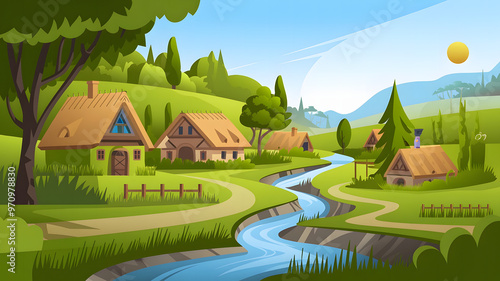 A stylized green illustration of a quaint countryside village with homes, trees, pathways, and a winding river photo