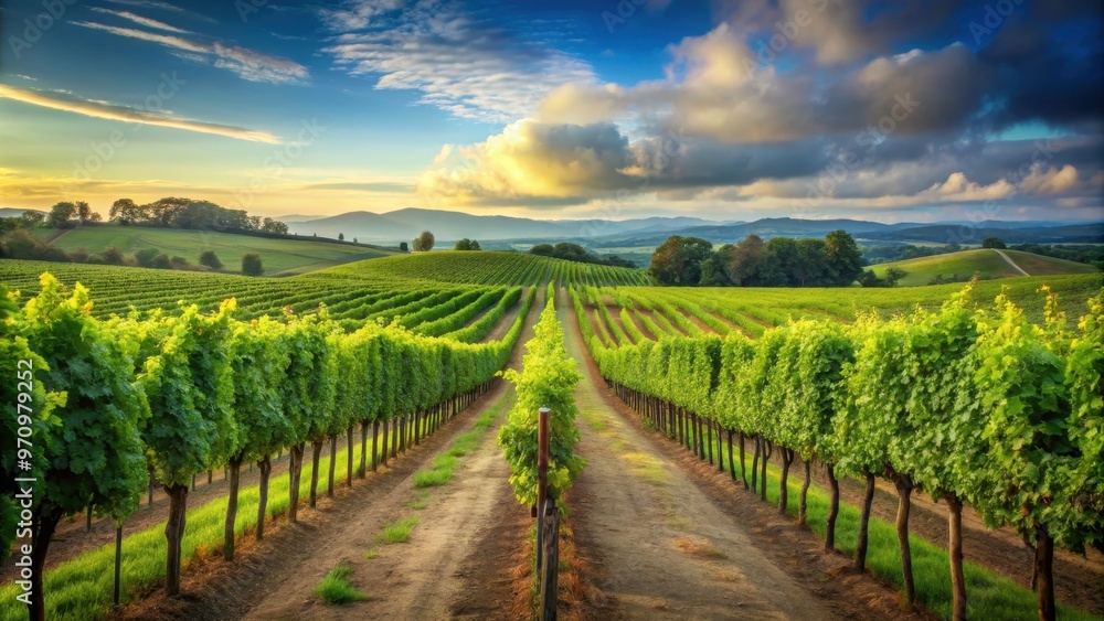 Fototapeta premium Vineyards with lush grape vines stretching across the landscape, wine, grapes, winemaking, agriculture, scenic
