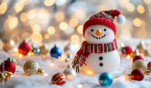 Christmas decoration banner with snowman colorful lights in the background, Christmas tree decoration on a blurred light background- New Year concept, xmas greeting card with snowman- background