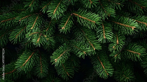 A dense cluster of green pine branches forms an intricate pattern that adds depth and texture to the background