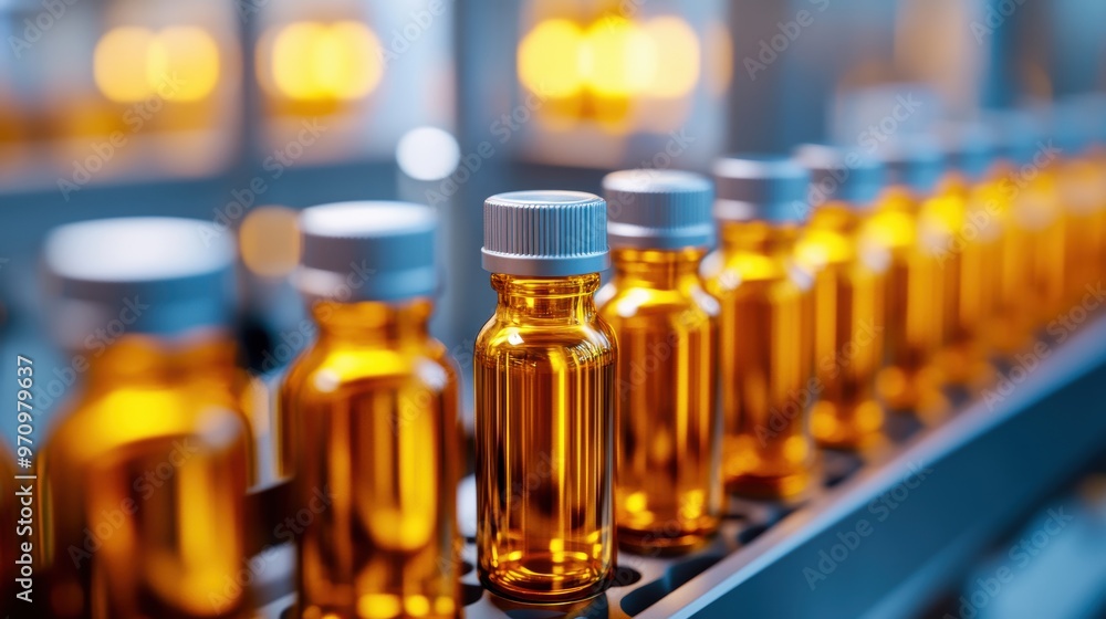 A close-up of amber vials on a production line, showcasing the manufacturing process in a modern laboratory setting. A close-up of amber vials on a production line, showcasing the manufacturing process in a modern laboratory setting.