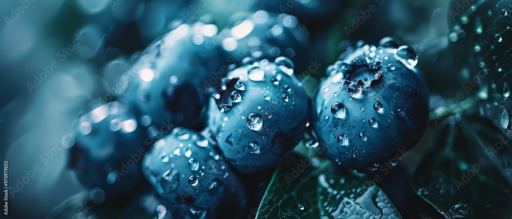 Close-up of dewy blueberries capturing their freshness and juiciness, glistening with water droplets. Close-up of dewy blueberries capturing their freshness and juiciness, glistening with water droplets.